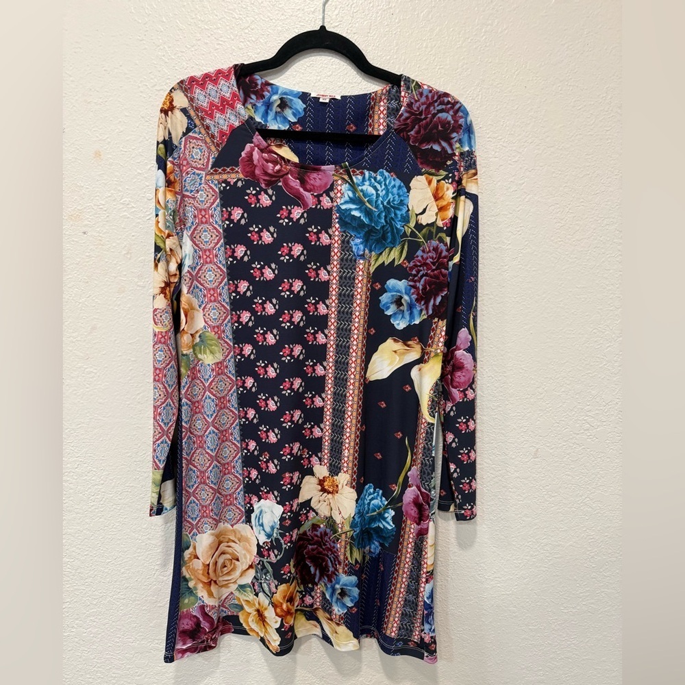 Johnny Was Verdell Patchwork Floral Festival Boho Shift Dress in a multi-color